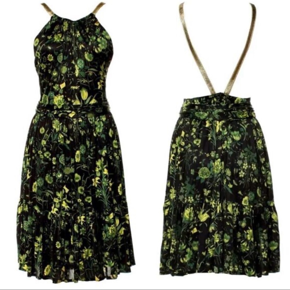 Gucci Resort Floral Halter Dress with Gold Straps - size 40